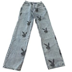 Playboy by PacSun Womens High‎ Waisted Straight Leg Bunny Print Jeans Blue 24